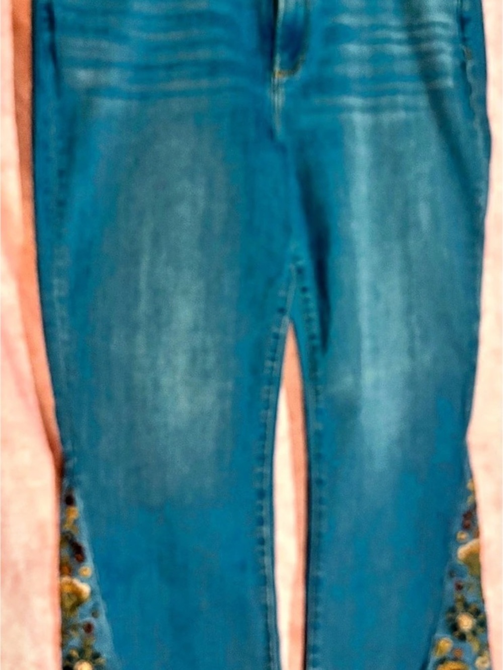 Driftwood. Clara. Embroidered Floral Flare Jeans in Blue. Waist 16. Like New.